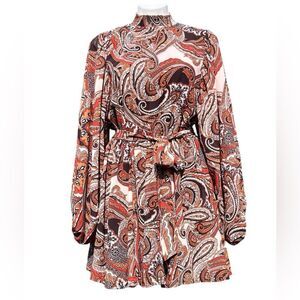 Flying Tomato Paisley Belted Long Sleeve Keyhole Mini Dress Size Medium New